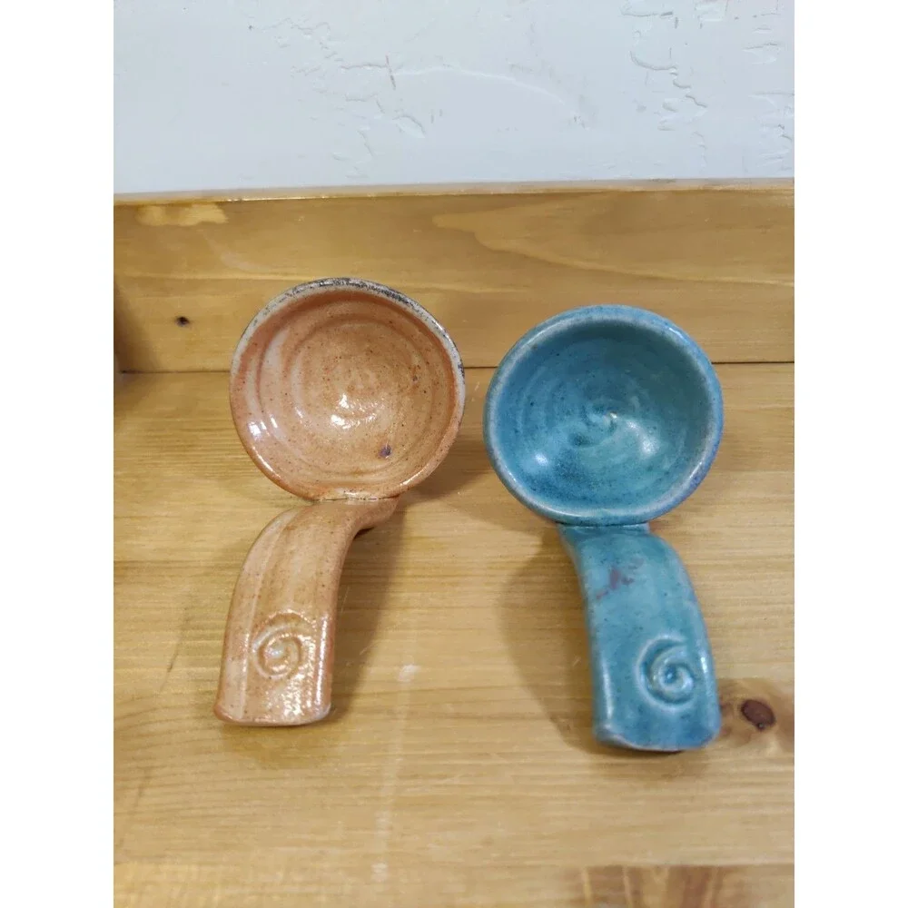 Lot Of 2 Hopi Pottery Ladle Spoon Set Beautifully Shaped Polished Peach Blue